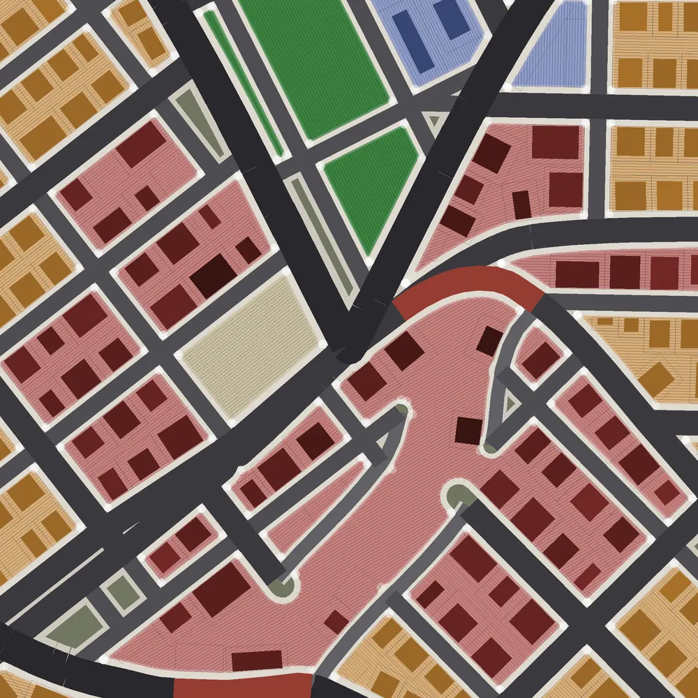 Close-up of a planned downtown: streets, blocks and building lots