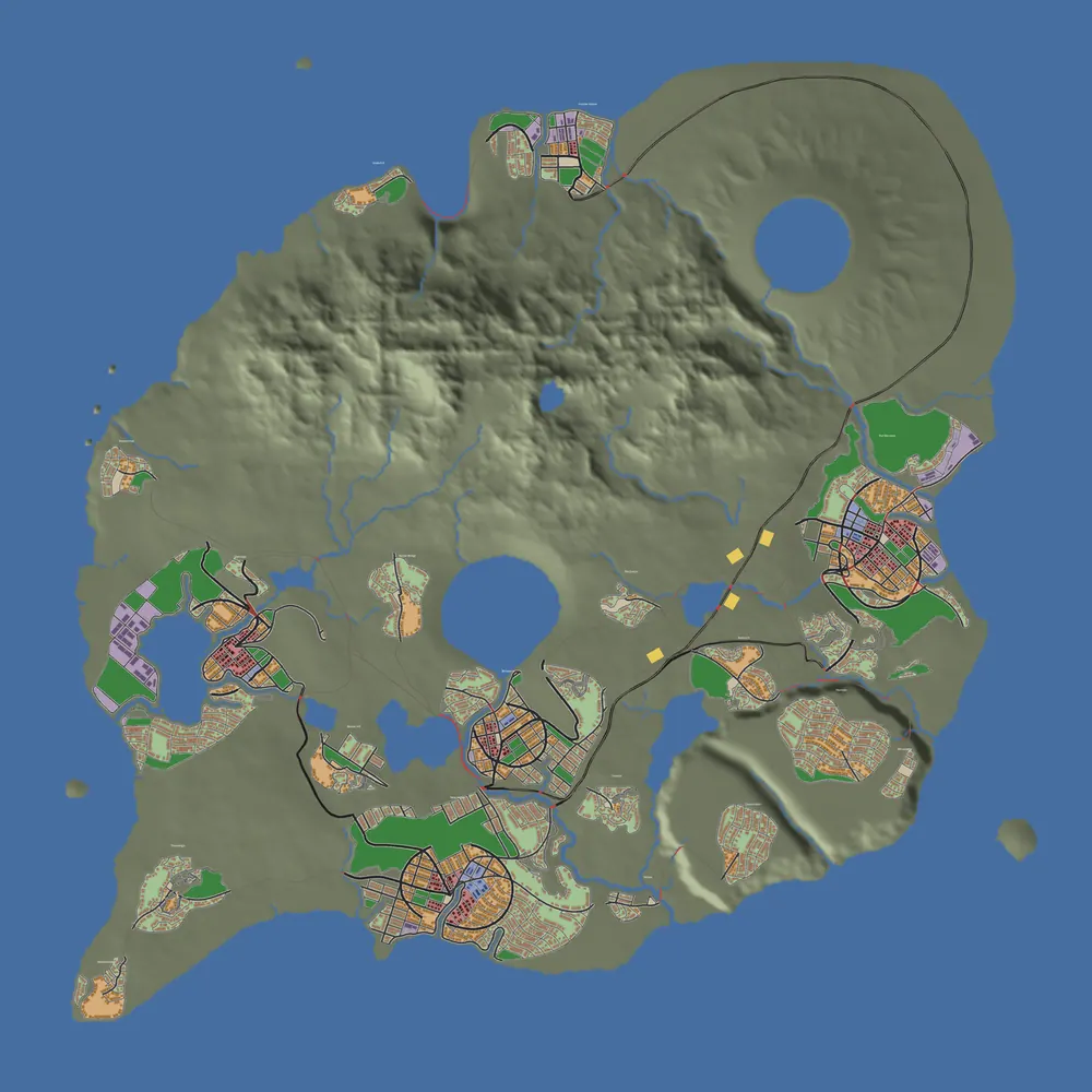 Island map with every planned town, road and river