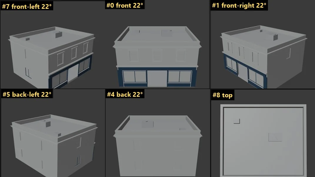 A ClaudeVision orbit sheet: a Blender Forge shop photographed from six labeled angles, including the top