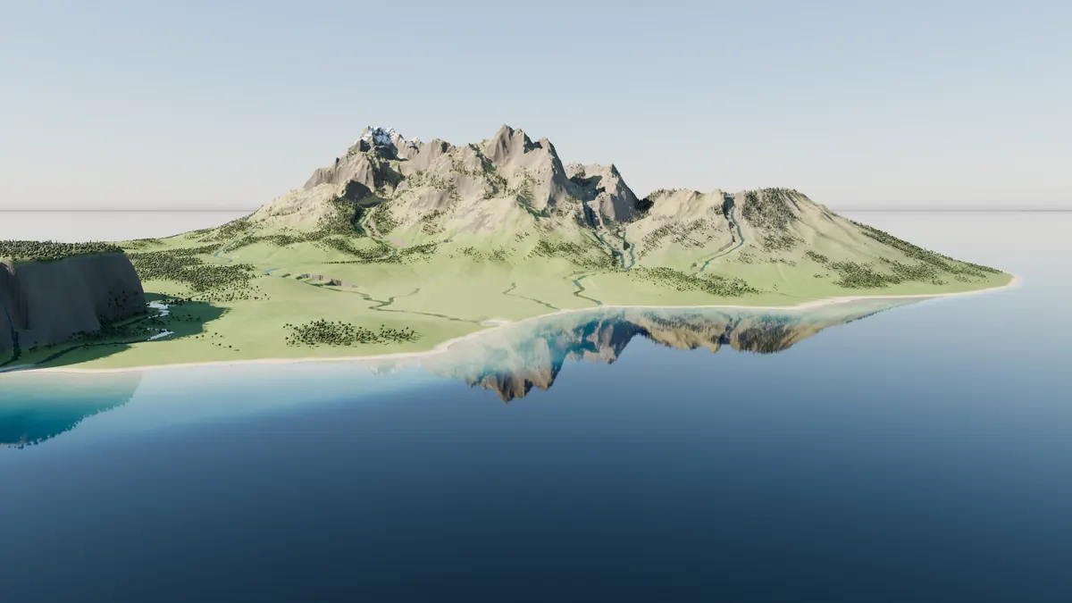 Island harbor with mountains reflected in the sea