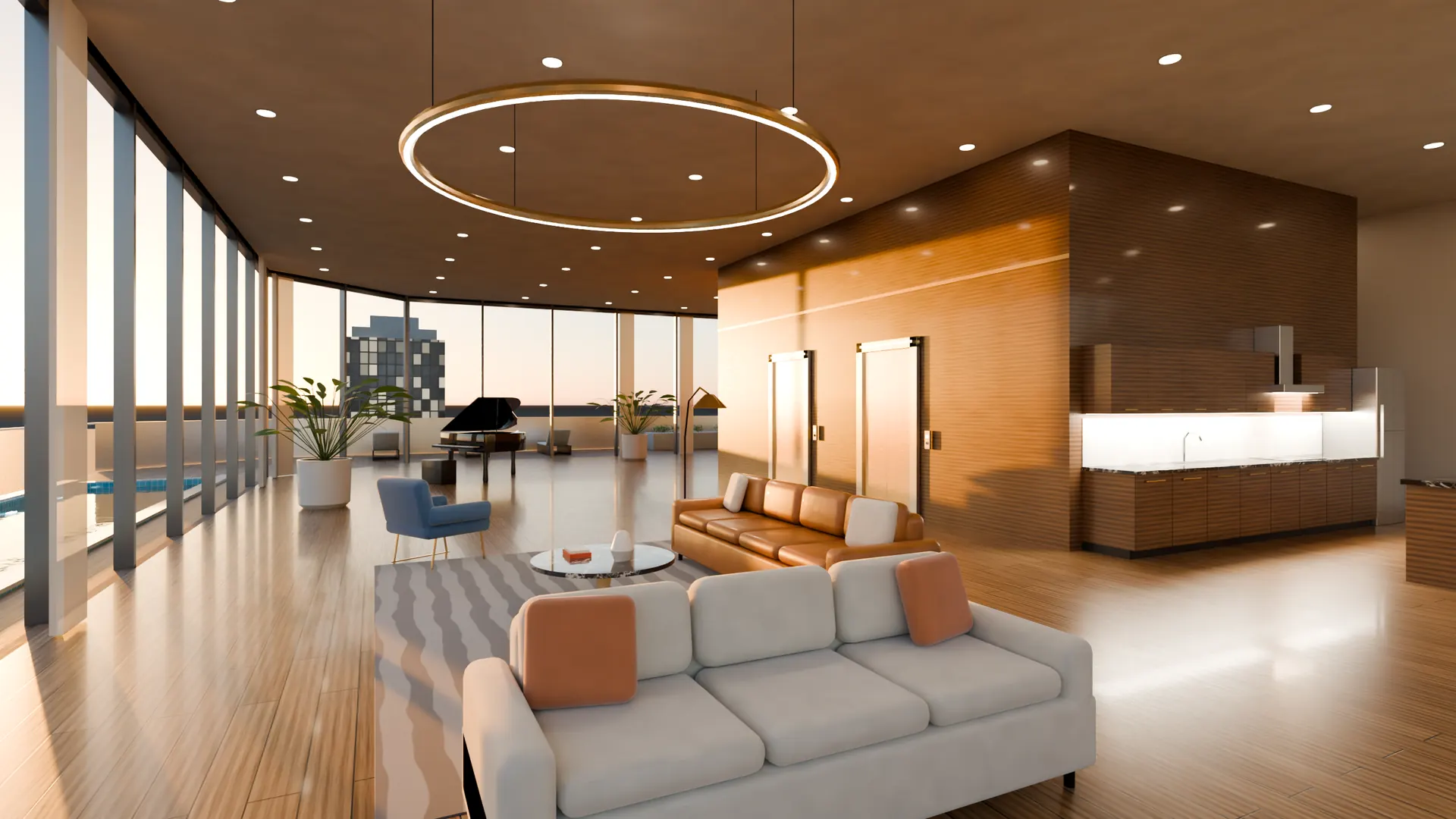 A penthouse interior generated by Blender Forge: floor-to-ceiling windows, a ring chandelier, a white sofa and a grand piano