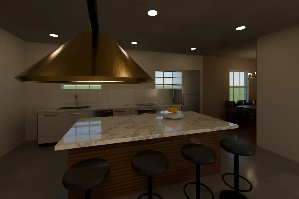 Furnished kitchen with a copper hood and marble island