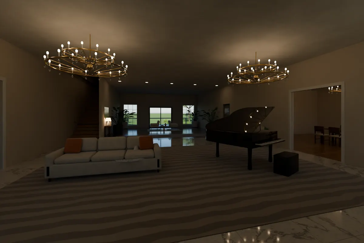 Manor great hall with chandeliers and a piano