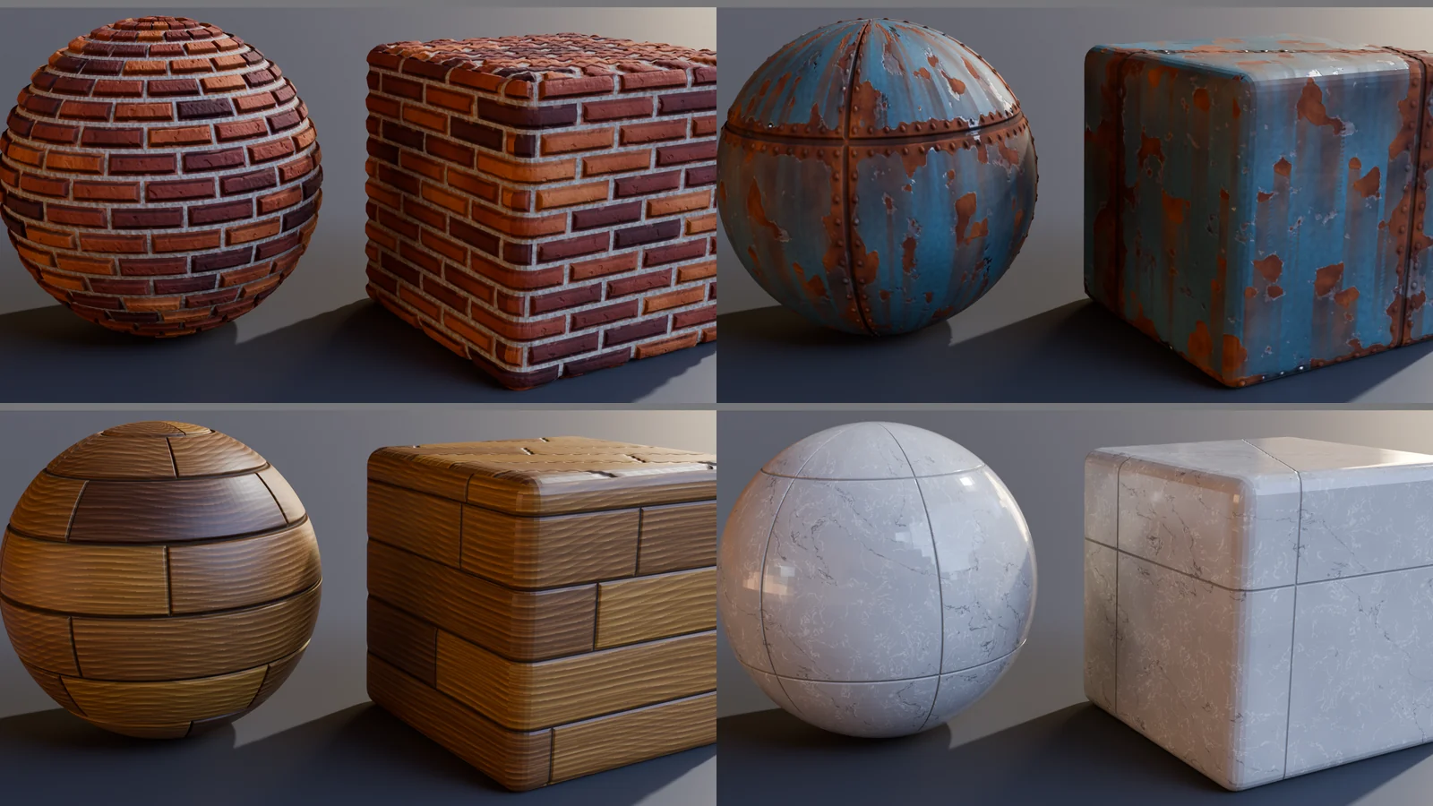 Materials generated by MatGen and rendered in Cycles on a sphere and a cube: red brick, rusted painted metal, oak planks and marble tiles