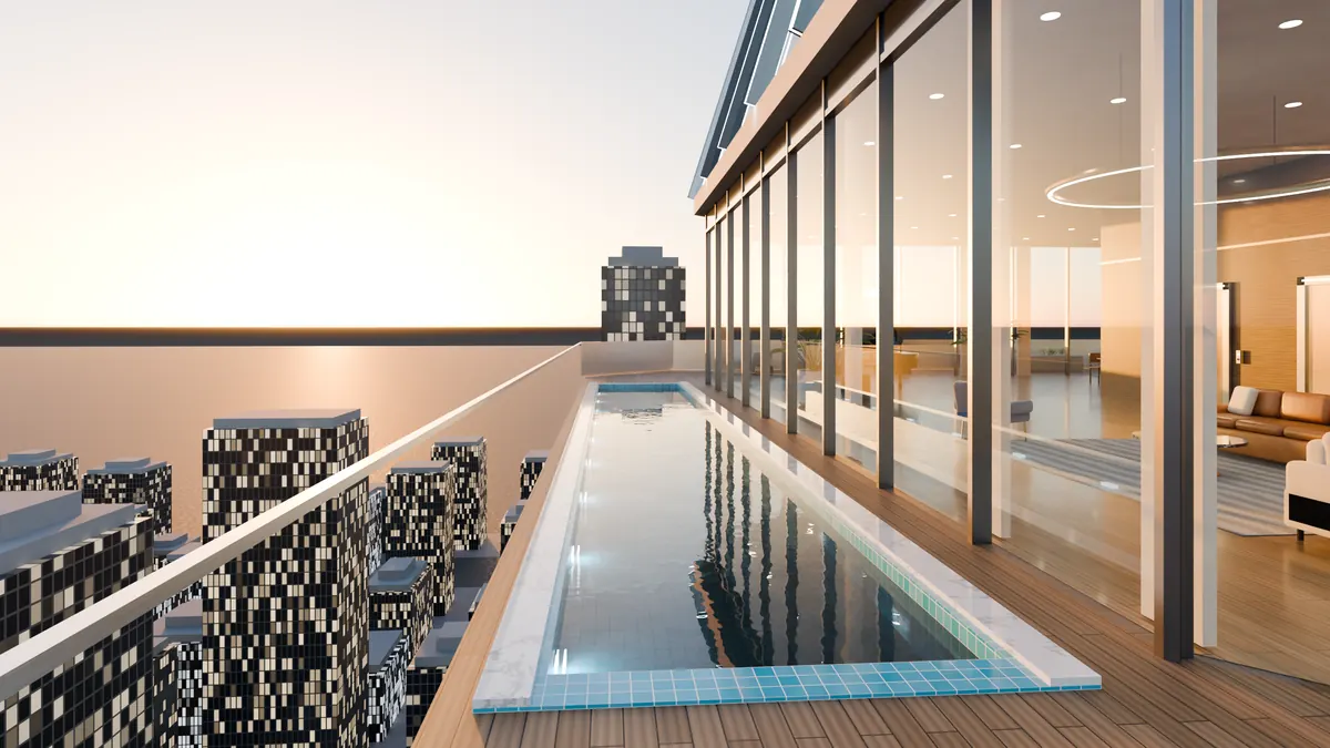 Rooftop pool terrace at dusk